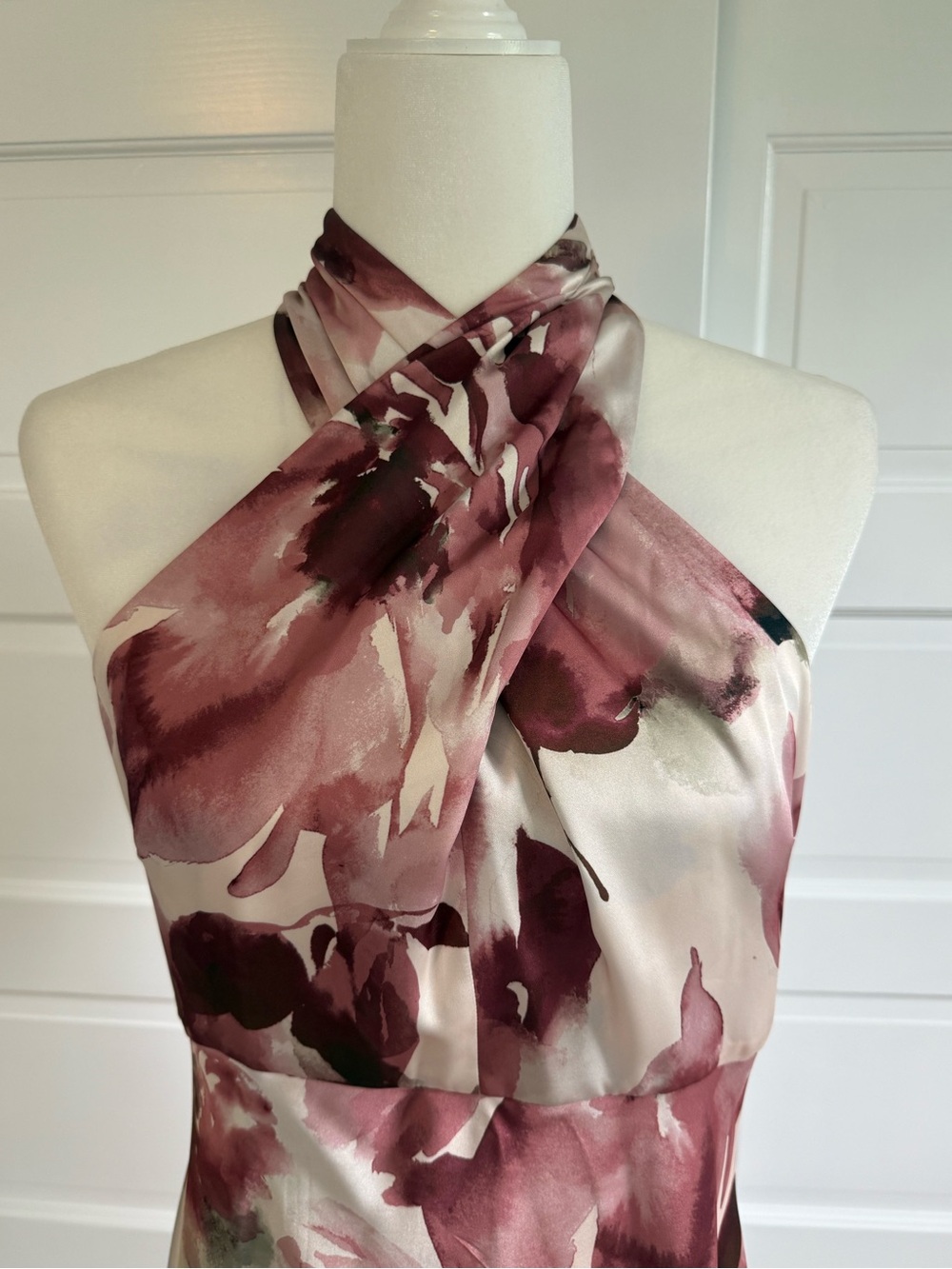 Donna Karan Cream and Burgundy Halter Floral Midi Dress - Picture 2 of 4